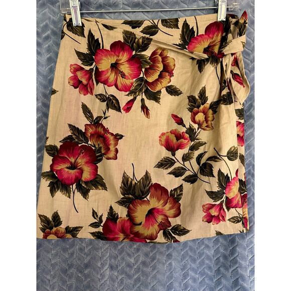 Vintage Express Linen Hibiscus Floral Wrap Skirt Sz M USA made Tropical, floral - Picture 1 of 5